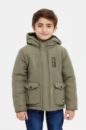 Boys Olive Hooded Fleece Jacket