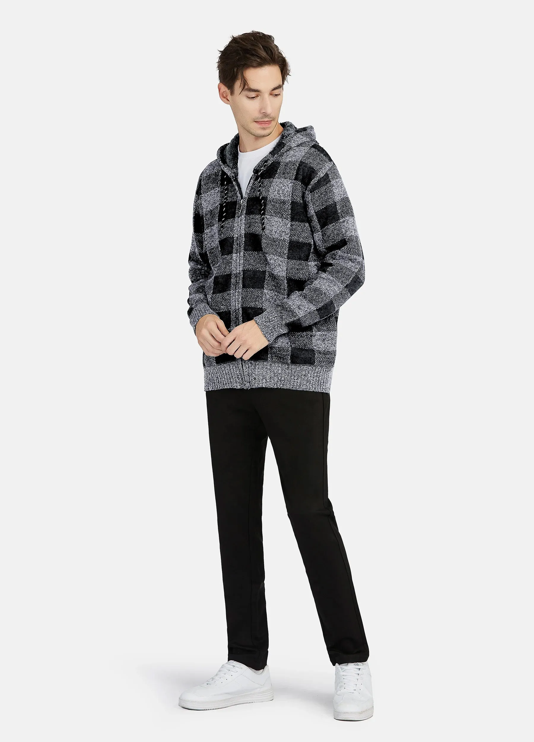 1PA1 Men's Zip Up Fleece Hooded Plaid Jacket Casual Hoodie Sweatshirt Coat