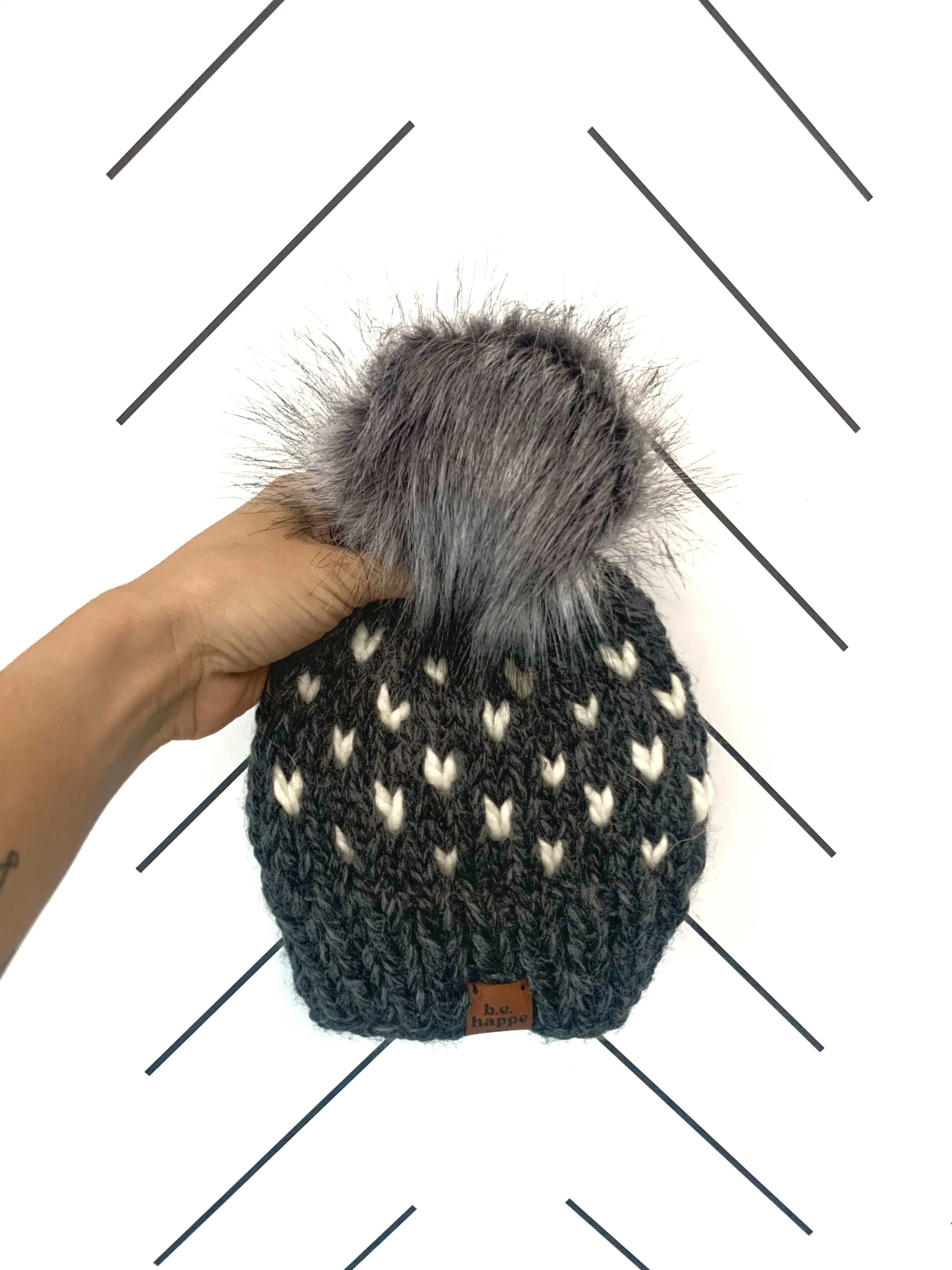 3-6 month Baby Knit Hearts Pom Hat | Charcoal Gray   Off White