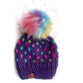 3-6 month Knit Heart Pom Hat | Purple Rainbow