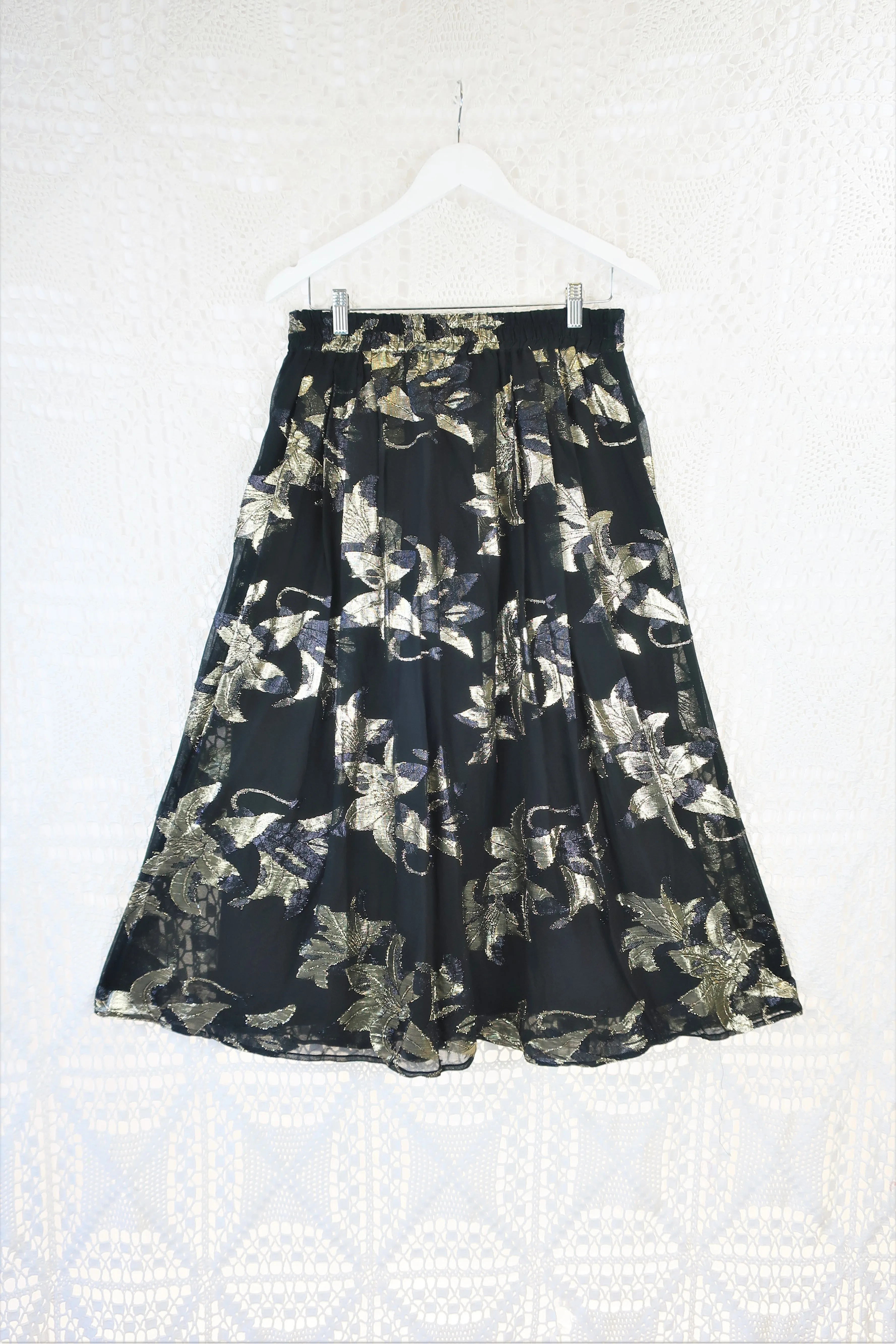 80's Vintage - Floral Metallic Embellished Skirt - Black & Gold - S