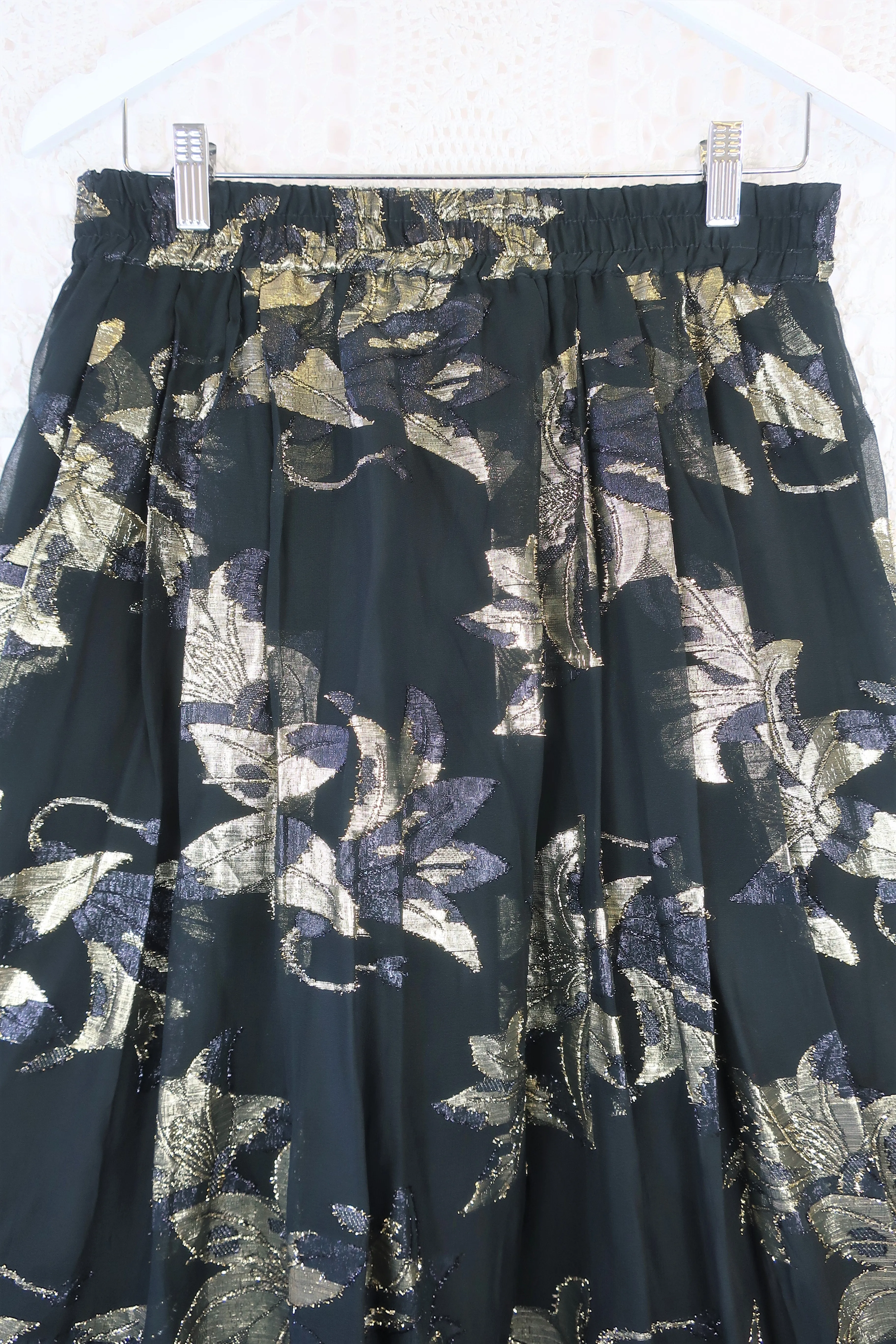 80's Vintage - Floral Metallic Embellished Skirt - Black & Gold - S