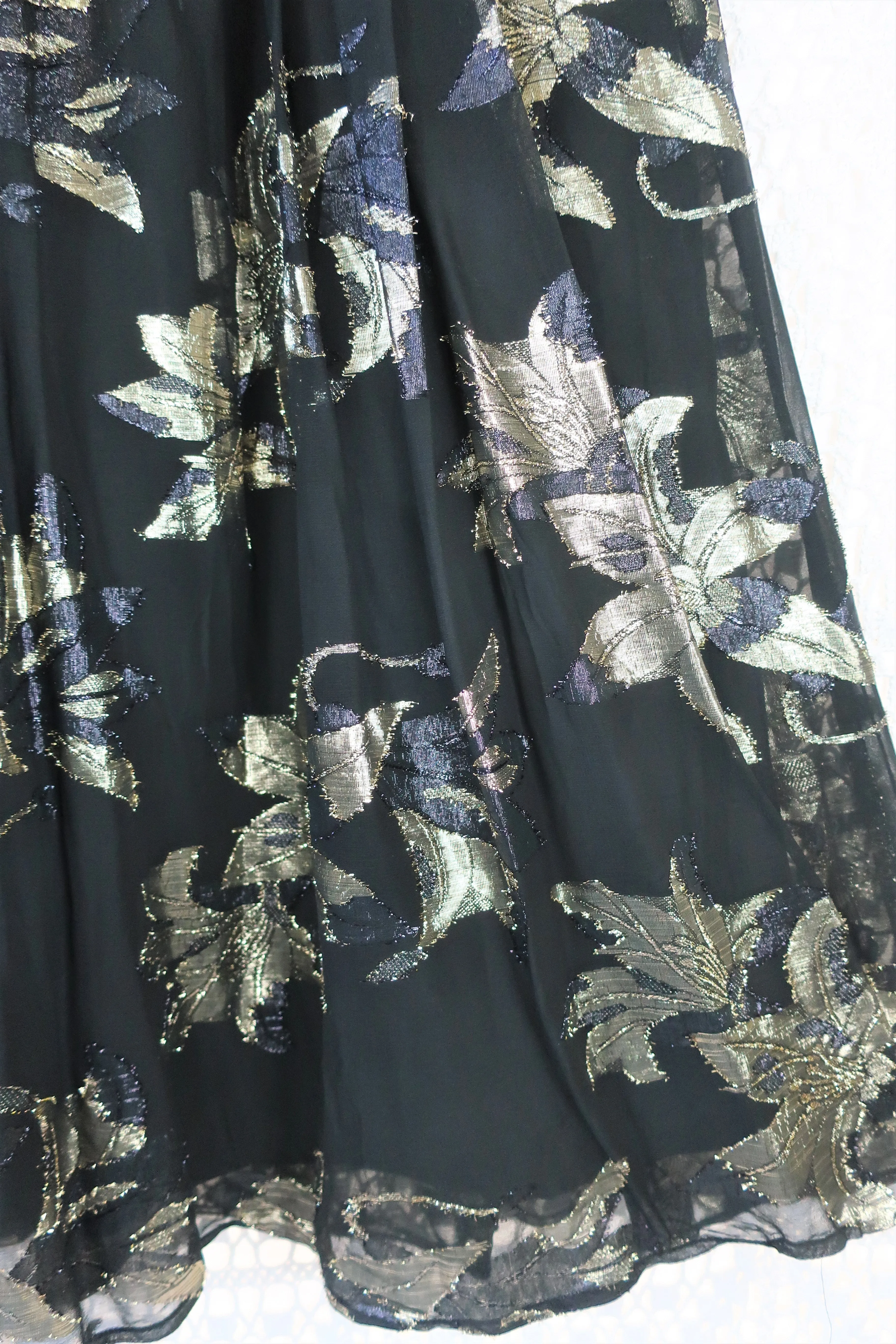 80's Vintage - Floral Metallic Embellished Skirt - Black & Gold - S