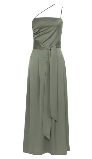 A-SILHOUETTE SATIN MIDI DRESS IN OLIVE