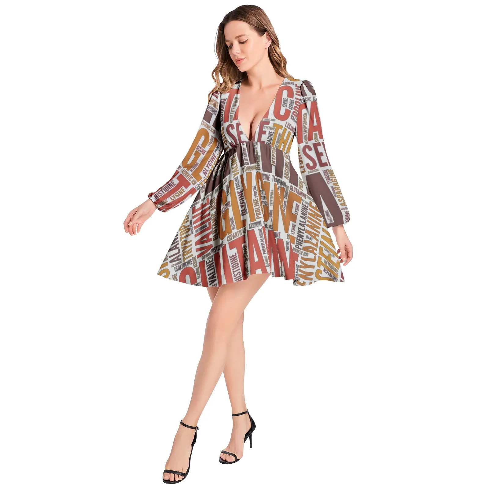 Amino Acid Print Lantern Sleeve Deep V-Neck Short Dress