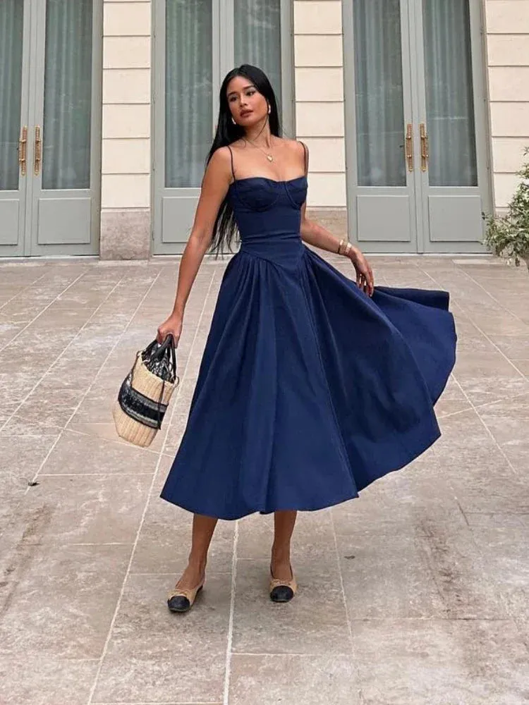 Amozae Elegant Spaghetti Strap Midi Dress Slim A Line Party Dresses Navy Blue Casual Birthday Holiday Dress Women's clothing