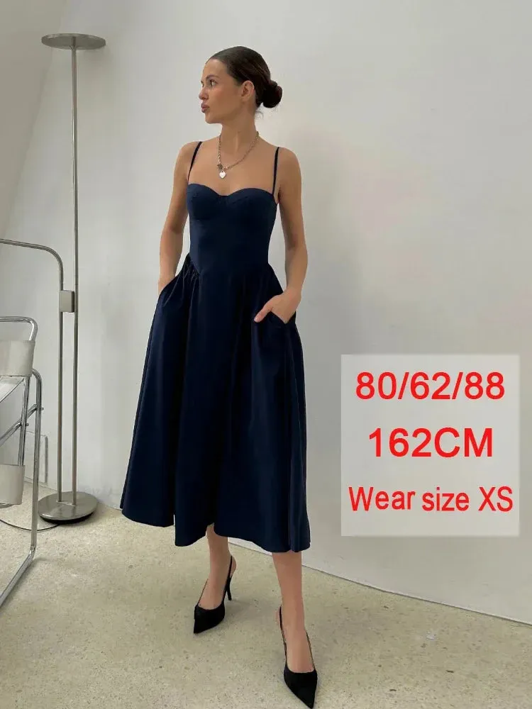 Amozae Elegant Spaghetti Strap Midi Dress Slim A Line Party Dresses Navy Blue Casual Birthday Holiday Dress Women's clothing