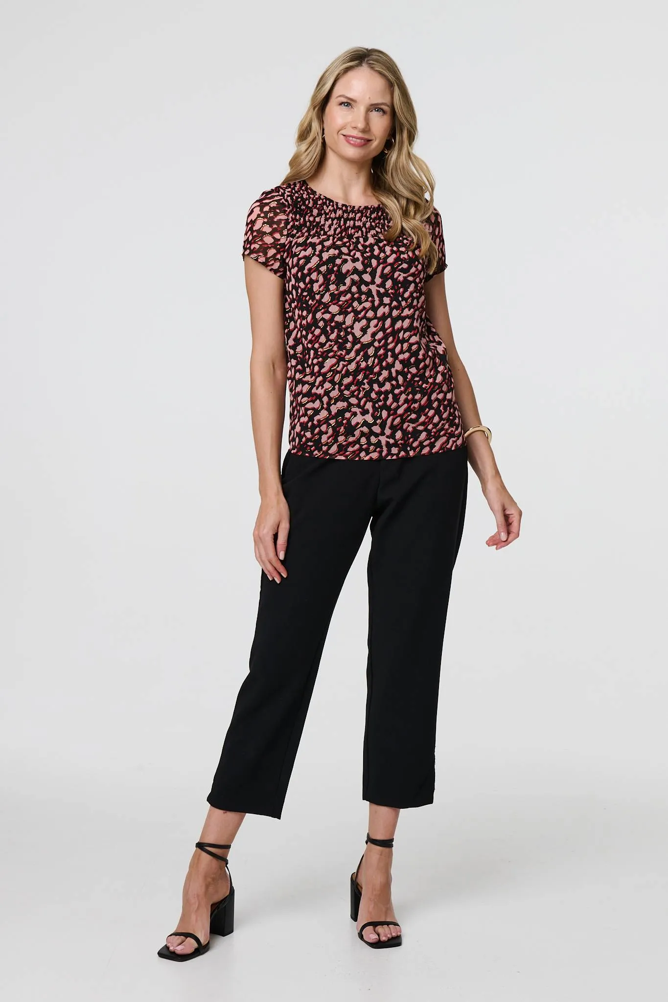 Animal Print Sparkle Trim Cap Sleeve Top