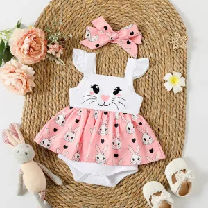 Baby Girl Rabbit Print Flutter-sleeve Faux-two Romper & Headband Set Suitable for Summer Season 2pcs