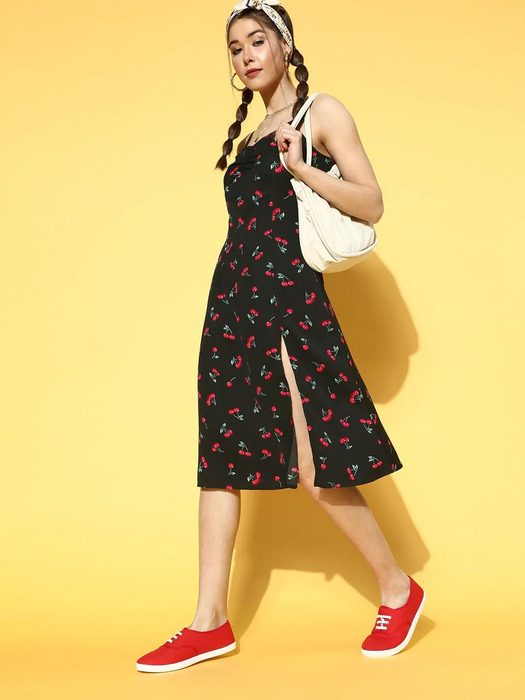 Berrylush Women Black & Red Cherry Printed Sweetheart Neck Straight Hem Slited A-Line Midi Dress