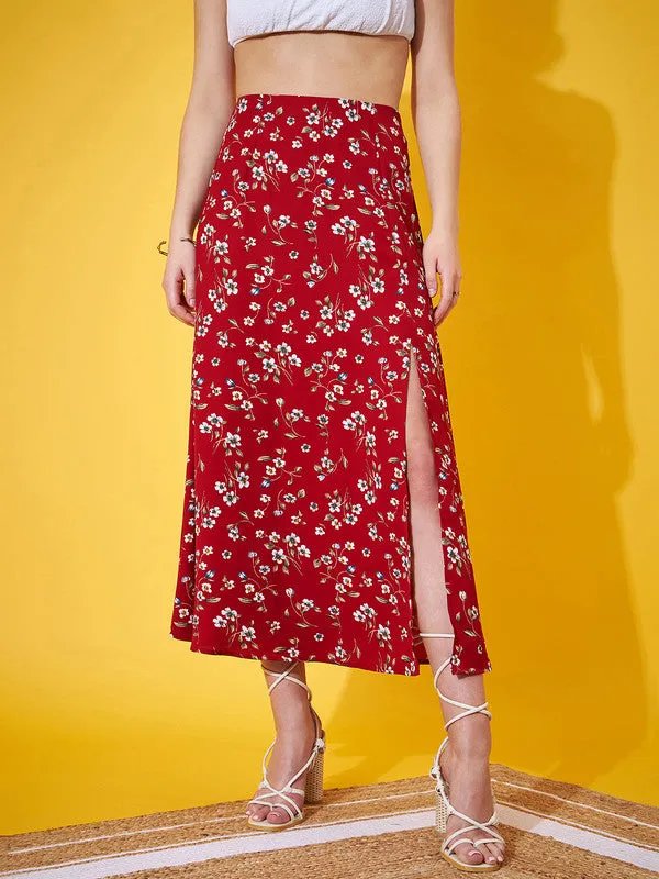 Berrylush Women Red & White Floral Printed High-Rise Waist Straight Hem Thigh-High Slit A-Line Maxi Skirt