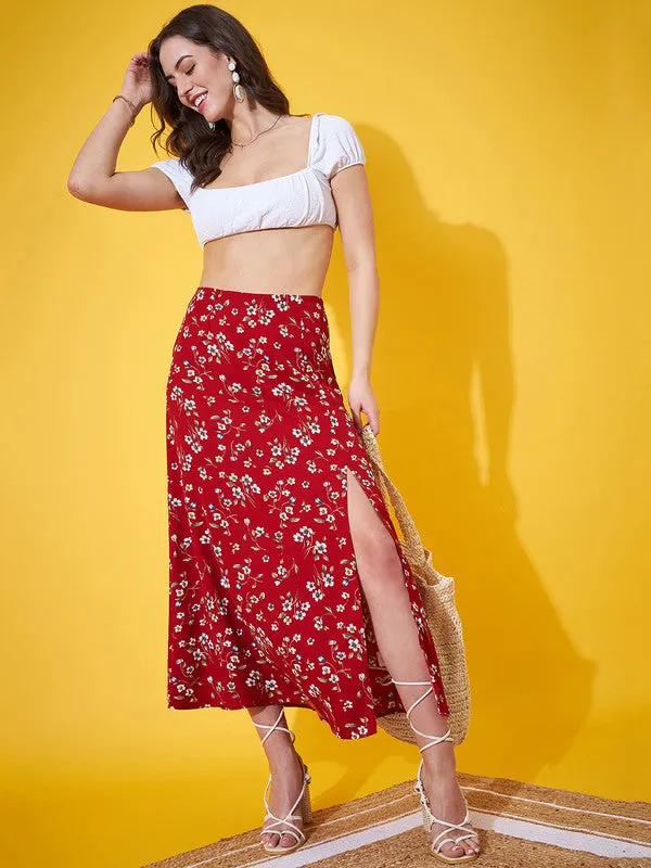 Berrylush Women Red & White Floral Printed High-Rise Waist Straight Hem Thigh-High Slit A-Line Maxi Skirt