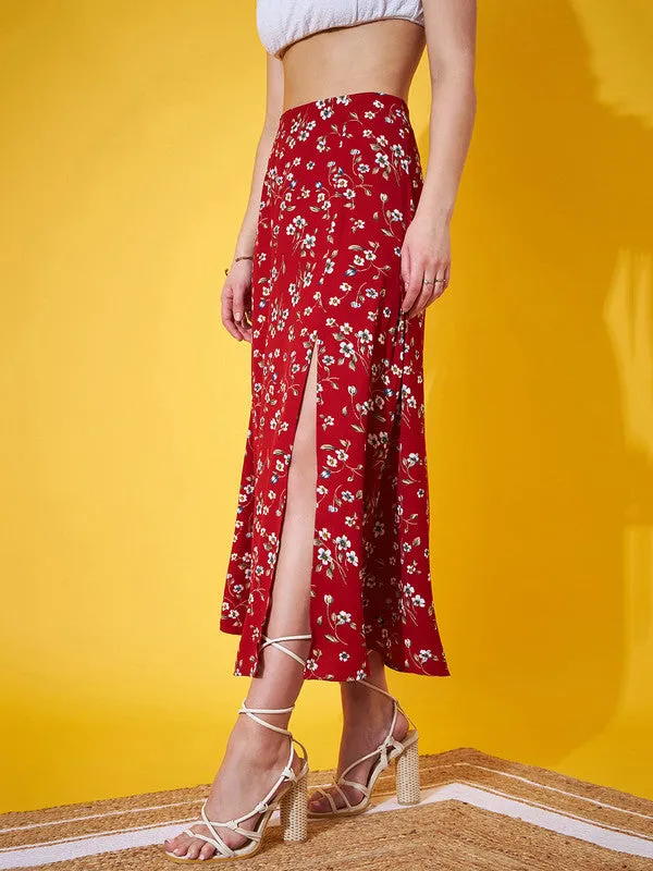 Berrylush Women Red & White Floral Printed High-Rise Waist Straight Hem Thigh-High Slit A-Line Maxi Skirt