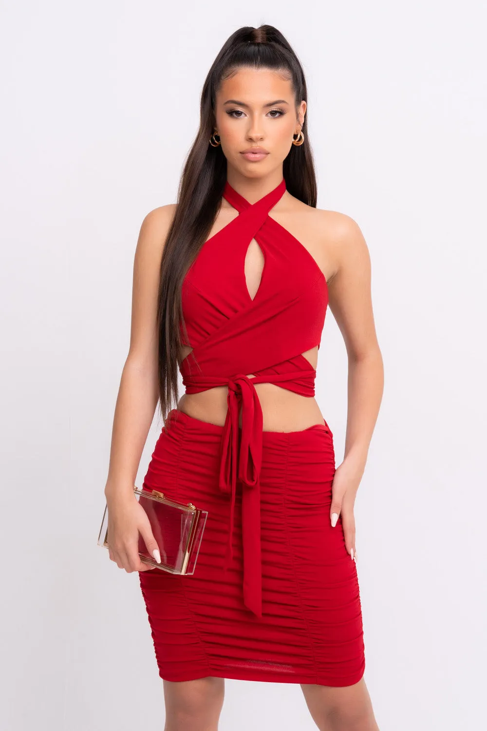 Best Assets Red Slinky Ruched Halterneck Tie Back Two Piece Co-ord Set