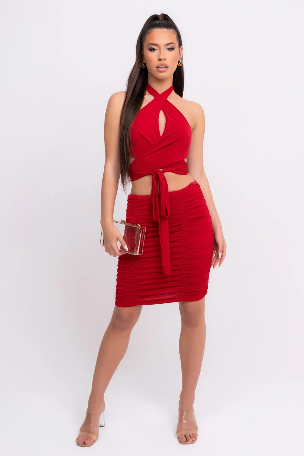 Best Assets Red Slinky Ruched Halterneck Tie Back Two Piece Co-ord Set