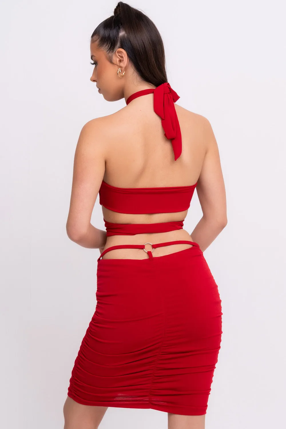 Best Assets Red Slinky Ruched Halterneck Tie Back Two Piece Co-ord Set