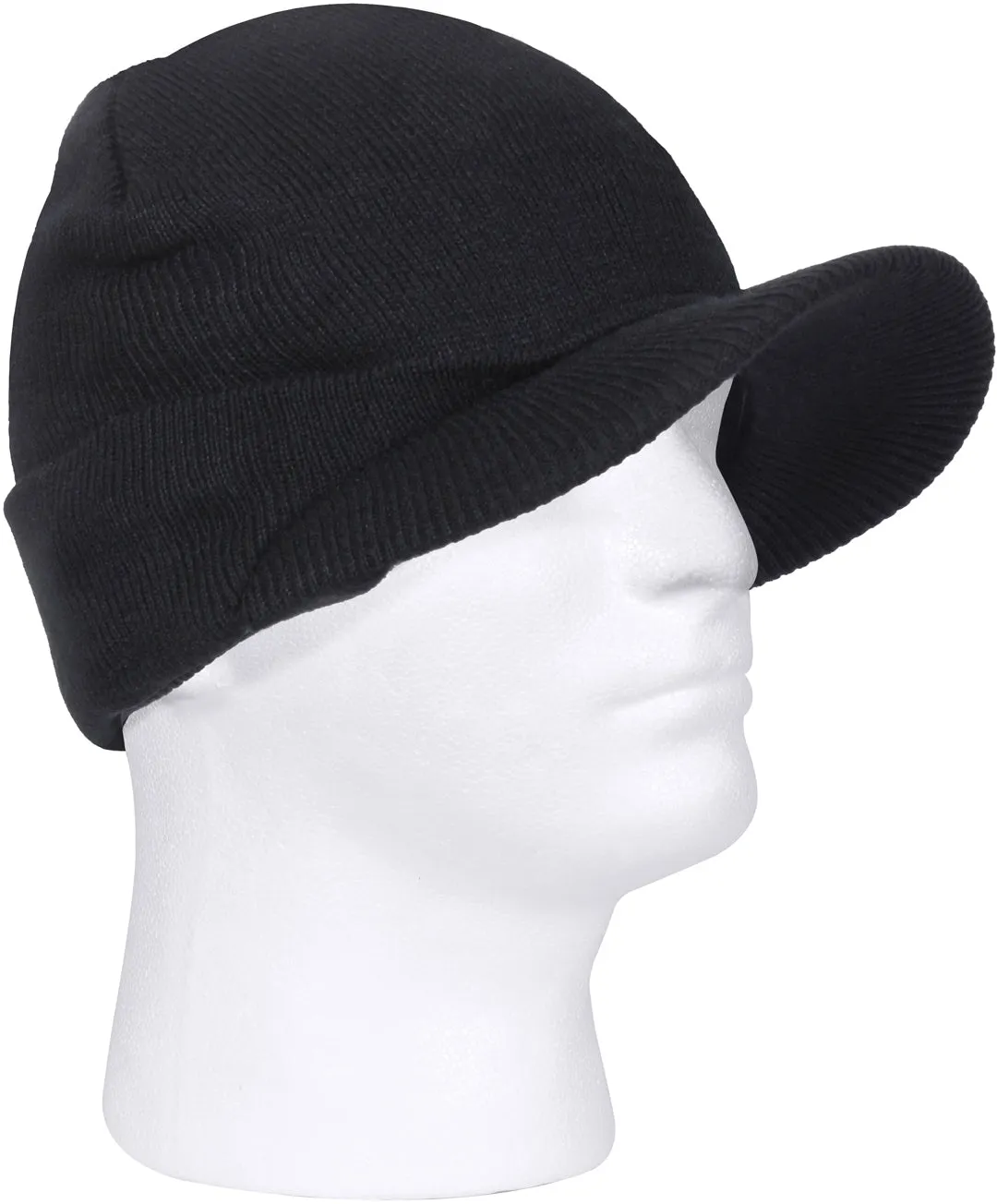 Black - 100% Acrylic Double Layered Visor Jeep Watch Cap Warm Beanie Winter Hat w/ Brim