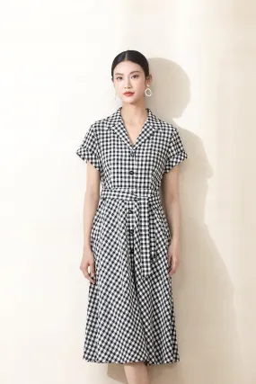 Black Checkered Waist V Neck Dresses