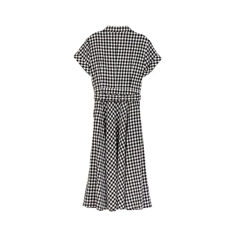 Black Checkered Waist V Neck Dresses