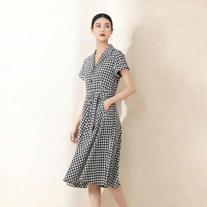 Black Checkered Waist V Neck Dresses