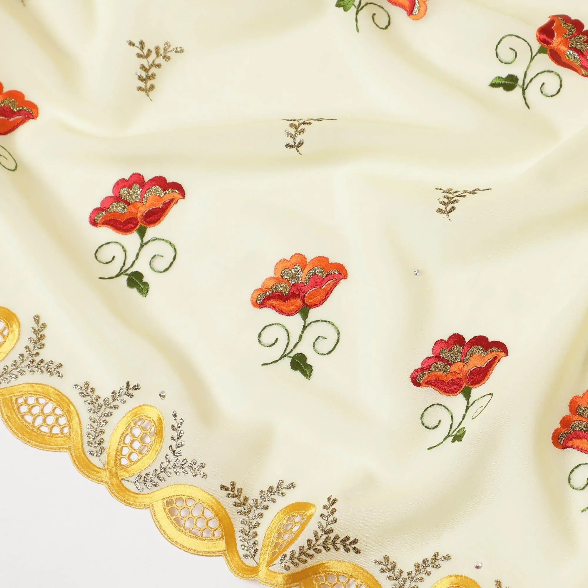 Blonde yellow Premium Swiss cotton voile (Thobe) fabric with beige, blaze orange, olive green, gold and crimson red embroidery having stone work in floral design-D7992