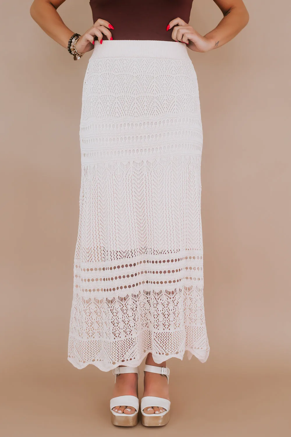 Boho Crochet Woven Maxi Skirt, Khaki