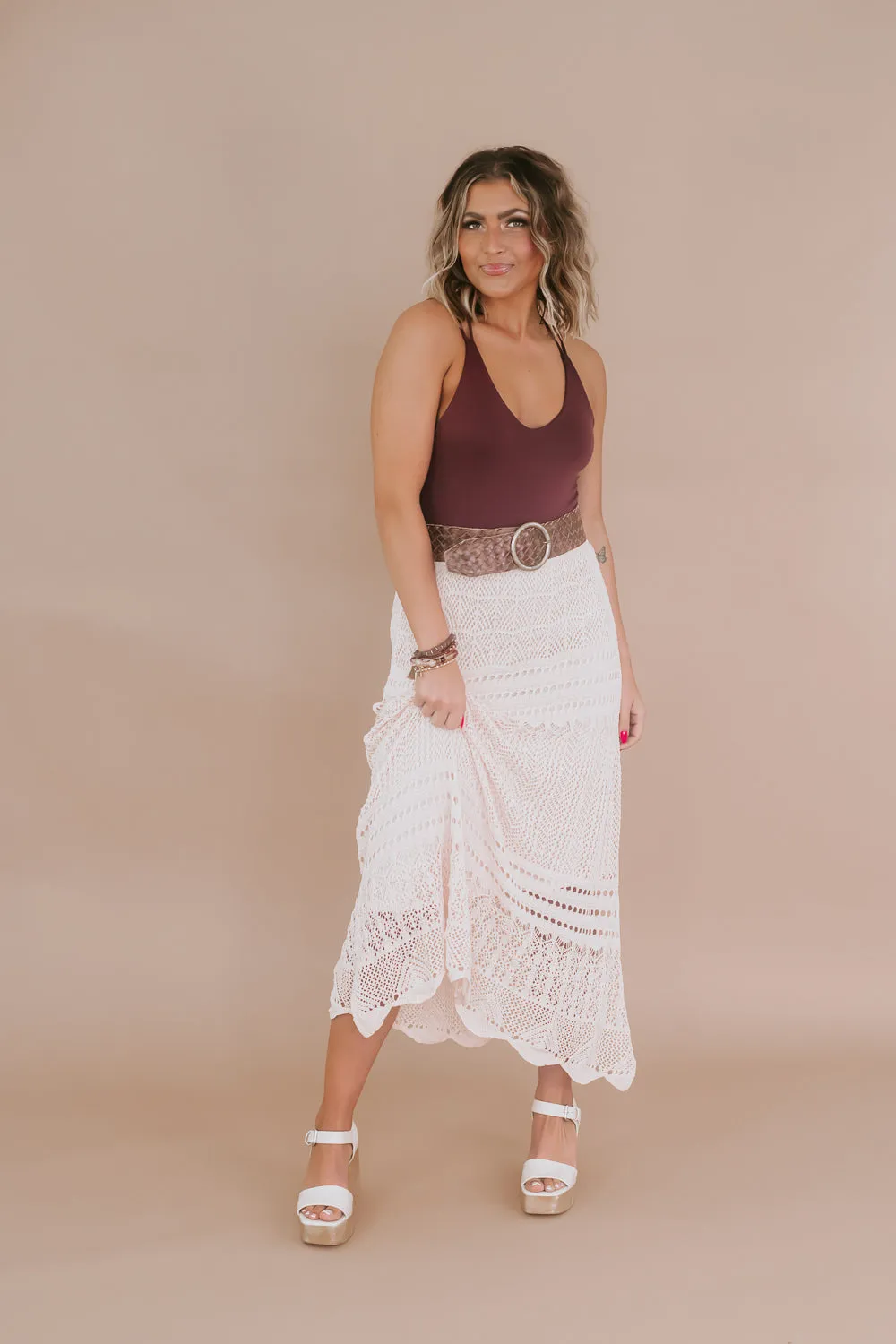 Boho Crochet Woven Maxi Skirt, Khaki