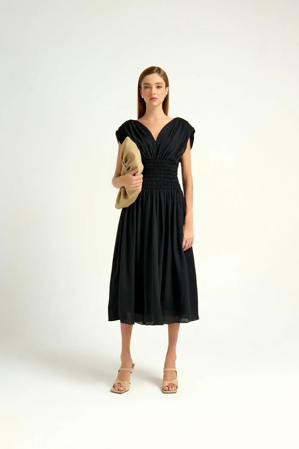 Boral Swing V-Neck Cotton Silk Midi Dress