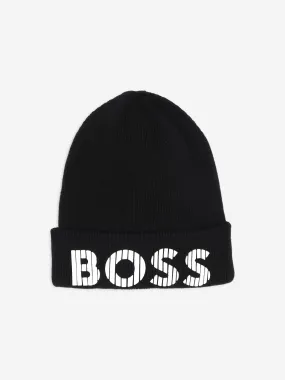 BOSS Boys Knitted Logo Beanie Hat in Black