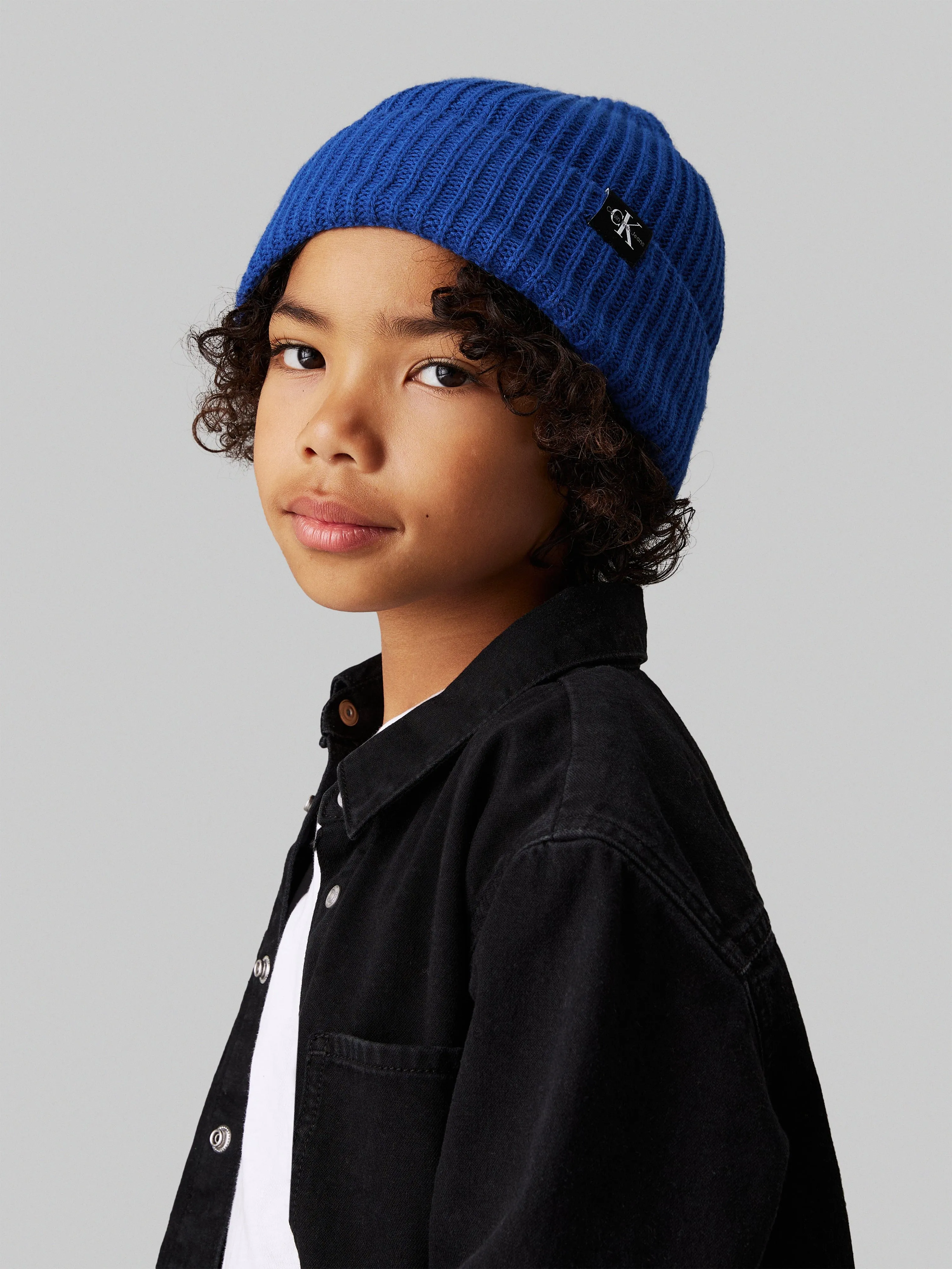 Calvin Klein Boys Monogram Rib Beanie Hat in Blue