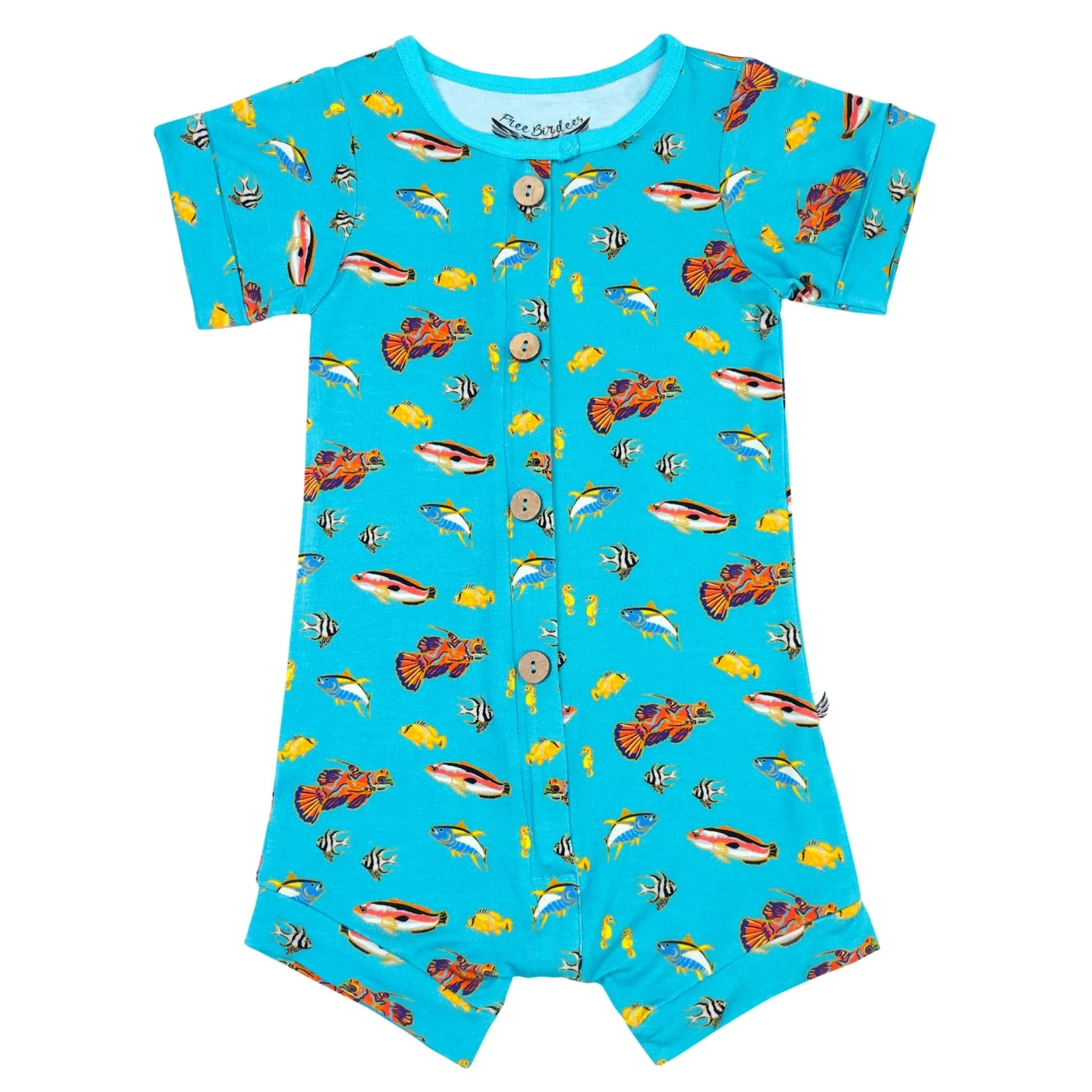 Calypso Fish Short Two-Way Zippy Romper with Faux Buttons (0-3T)