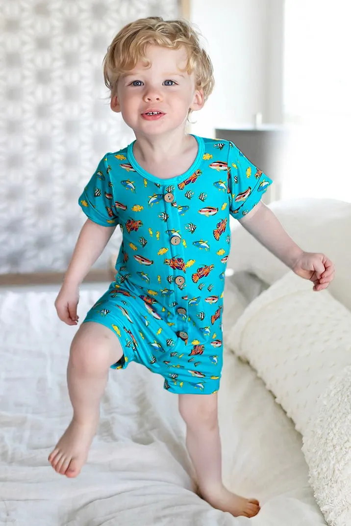 Calypso Fish Short Two-Way Zippy Romper with Faux Buttons (0-3T)