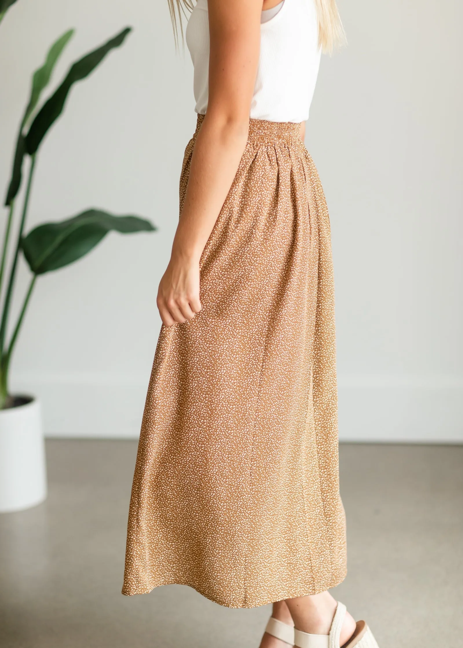 Camel Button Front Patterned Maxi Skirt