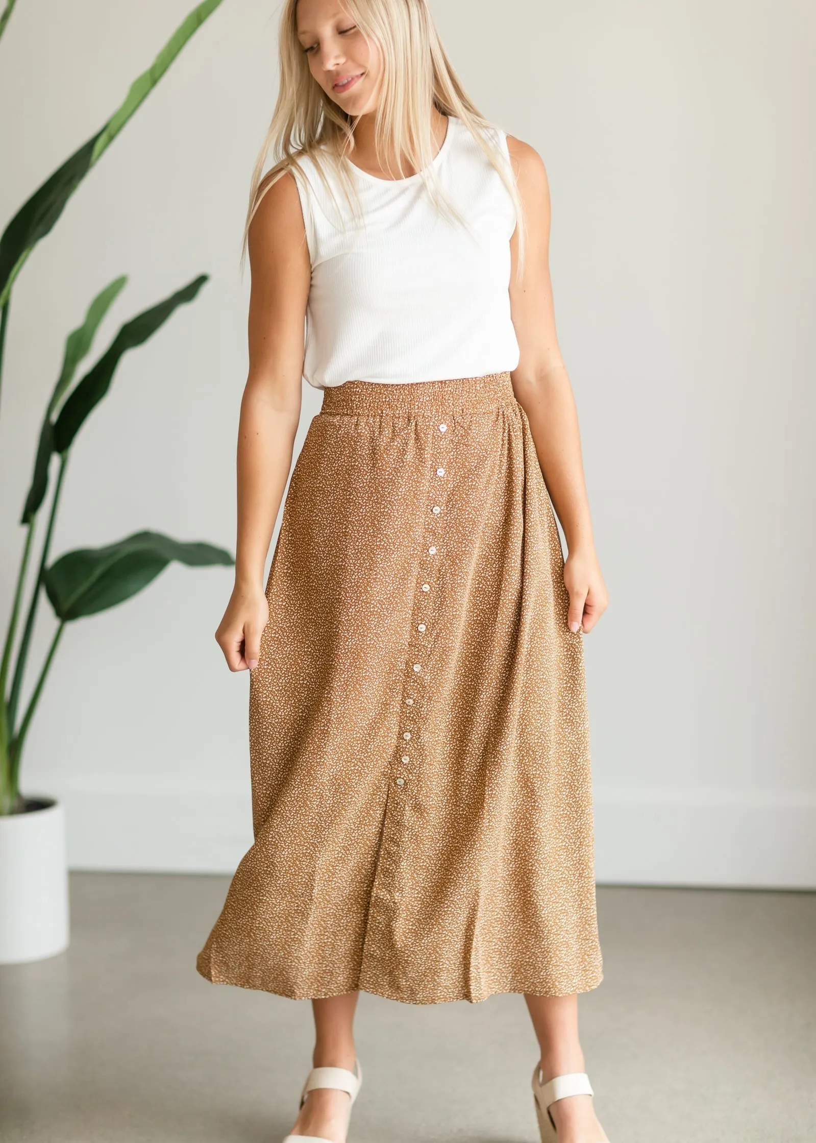 Camel Button Front Patterned Maxi Skirt