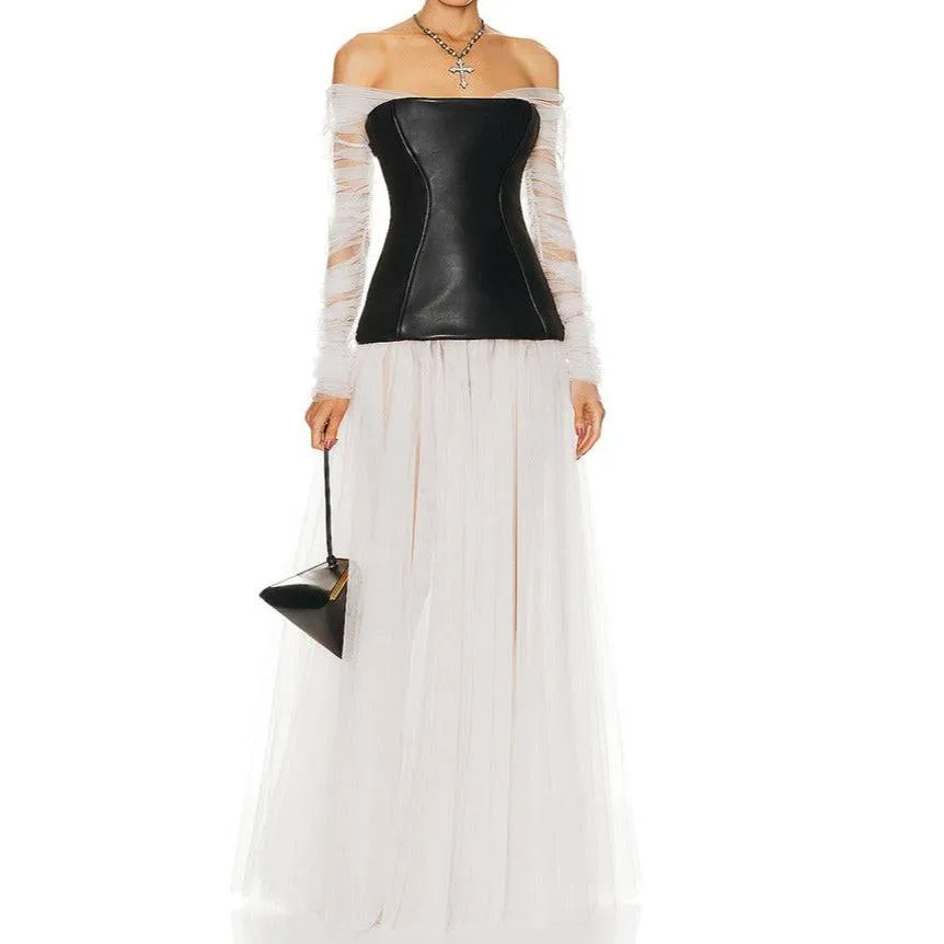 Carey Off Shoulder Long Sleeve Corset Tulle Maxi Dress