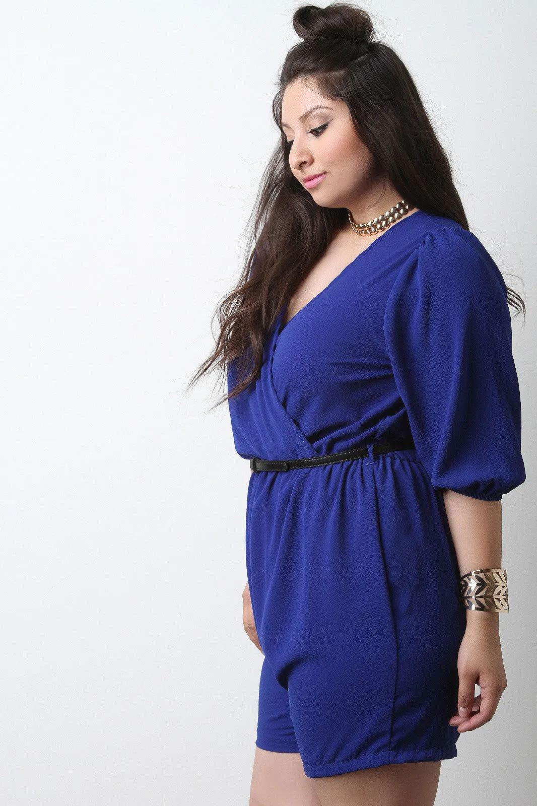 Chiffon Surplice Deep V Belted Romper