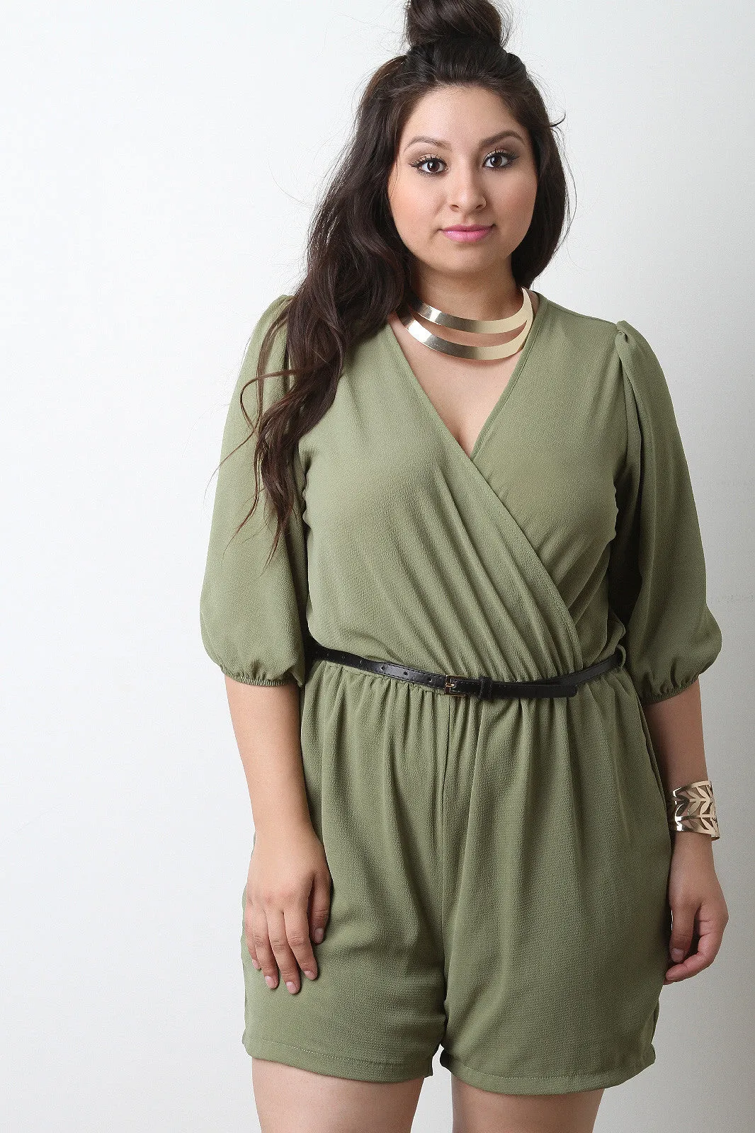 Chiffon Surplice Deep V Belted Romper