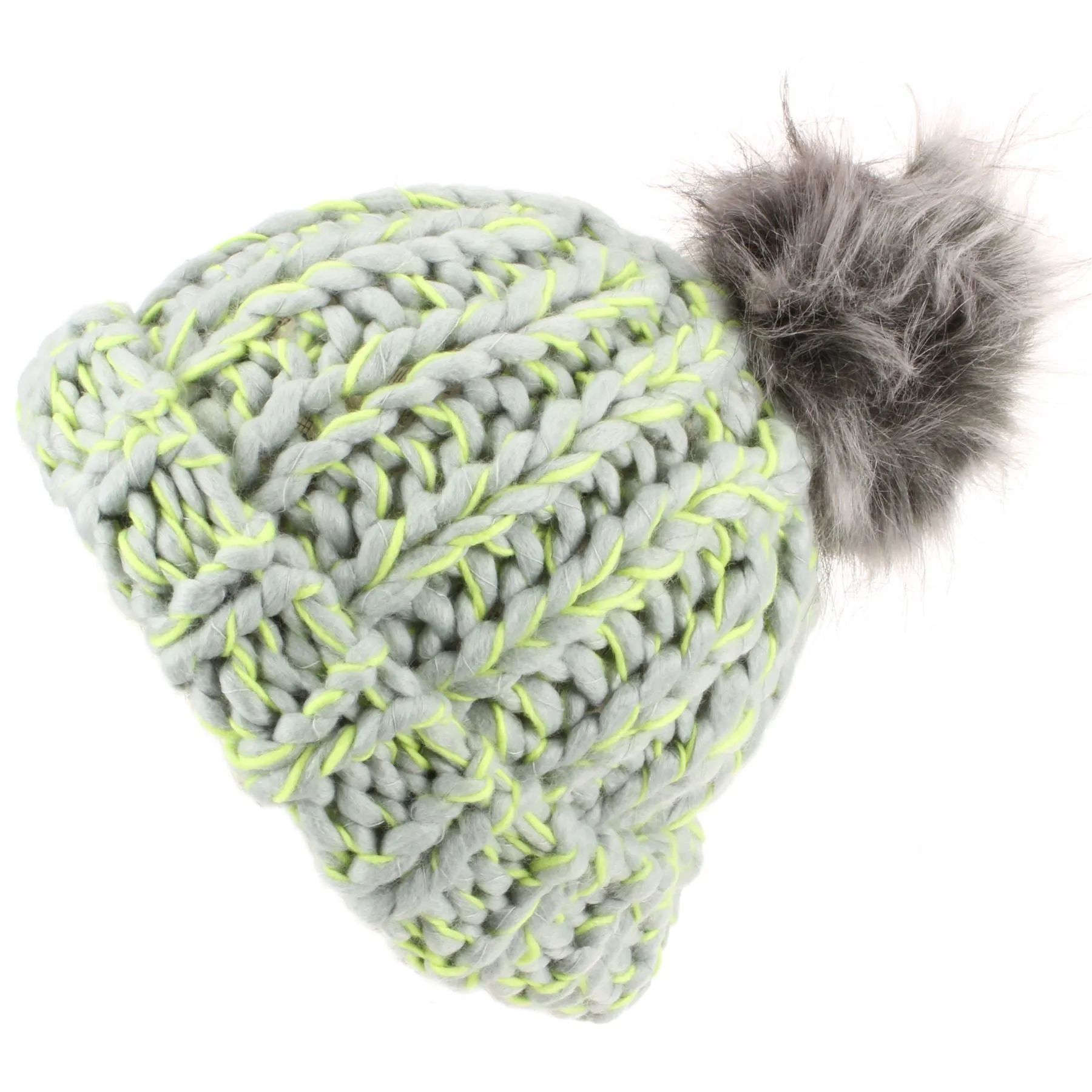 Chunky acrylic knit beanie hat with faux fur bobble - Grey & Green