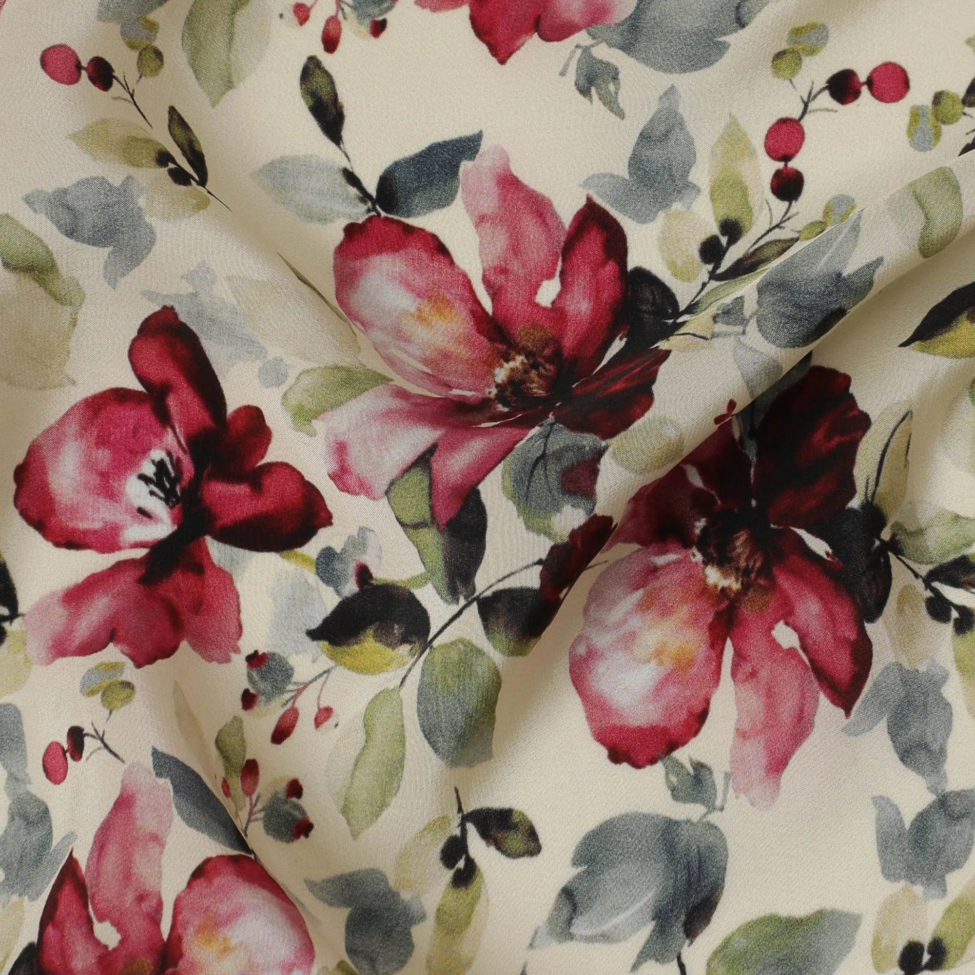 Classic Crimson Garden Viscose Fabric, 110 cm Width - Vintage Red Floral on Cream-D18732