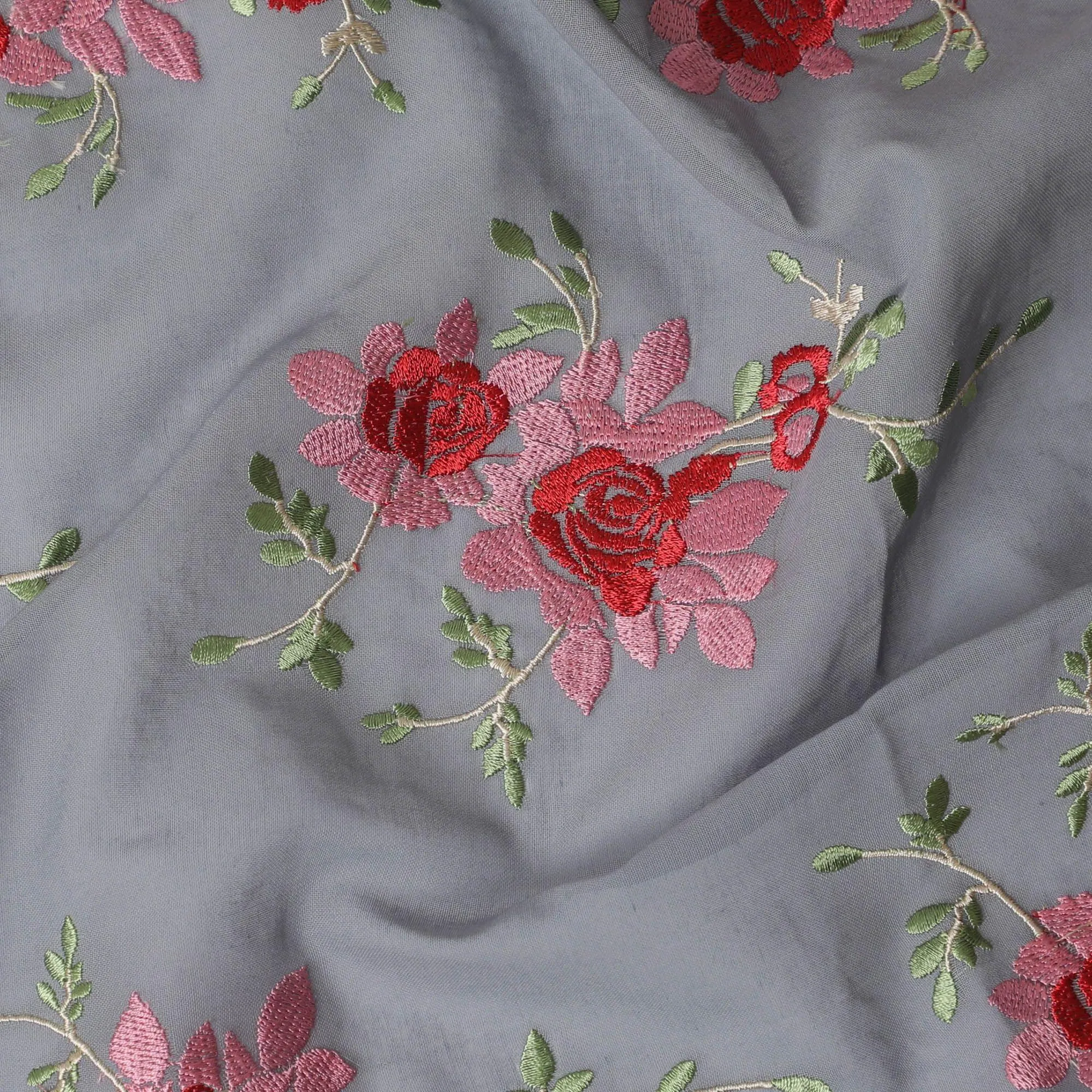 Coin grey Premium pure cotton voile fabric with peach, crimson red and beige embroidery in floral design-D15240