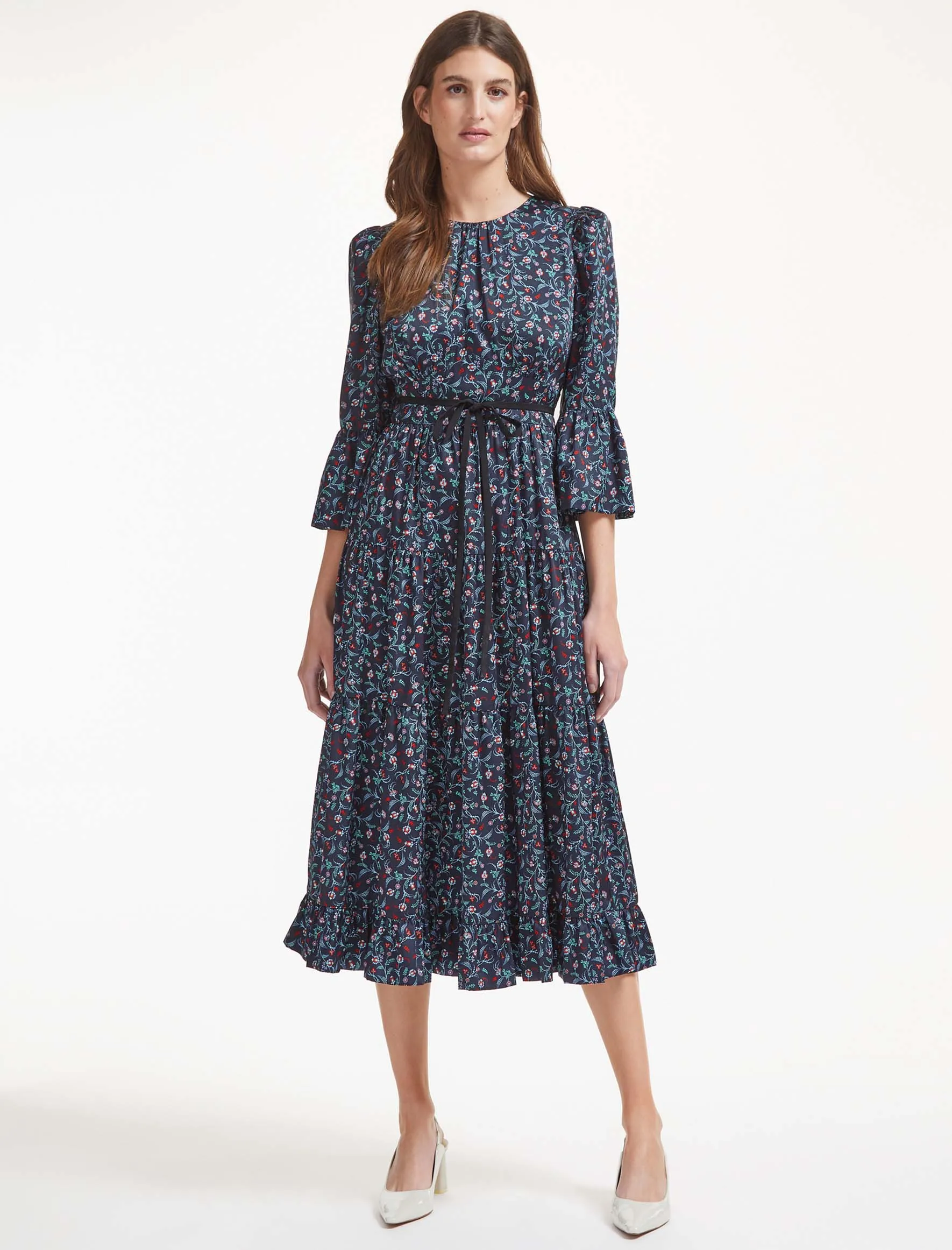 Cordelia Midi Dress - Navy Cornflower Blue Trailing Floral Print