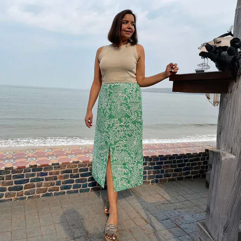 Cotton Linen Printed Midi Skirt For Women | Green | Front Slit