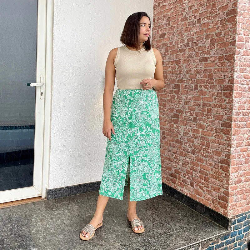 Cotton Linen Printed Midi Skirt For Women | Green | Front Slit