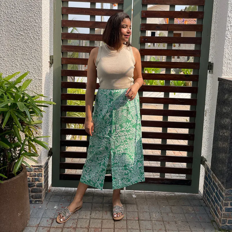 Cotton Linen Printed Midi Skirt For Women | Green | Front Slit