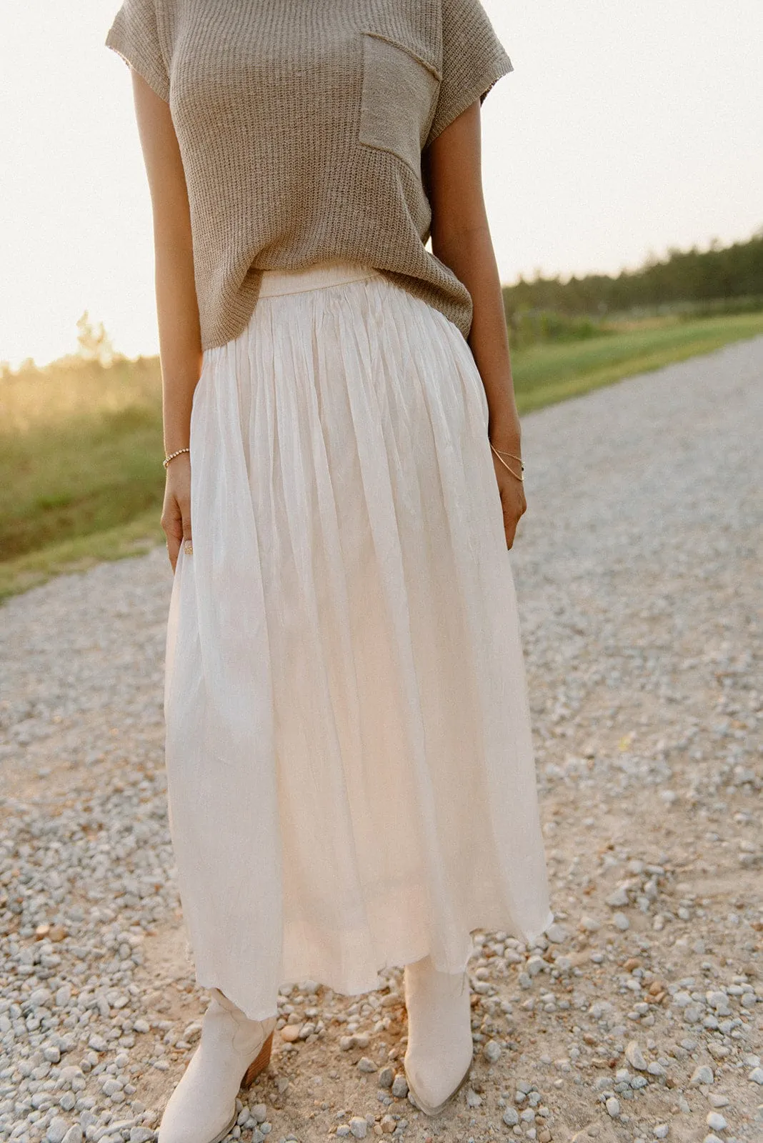 Cream Shimmer Tiered Satin Maxi Skirt