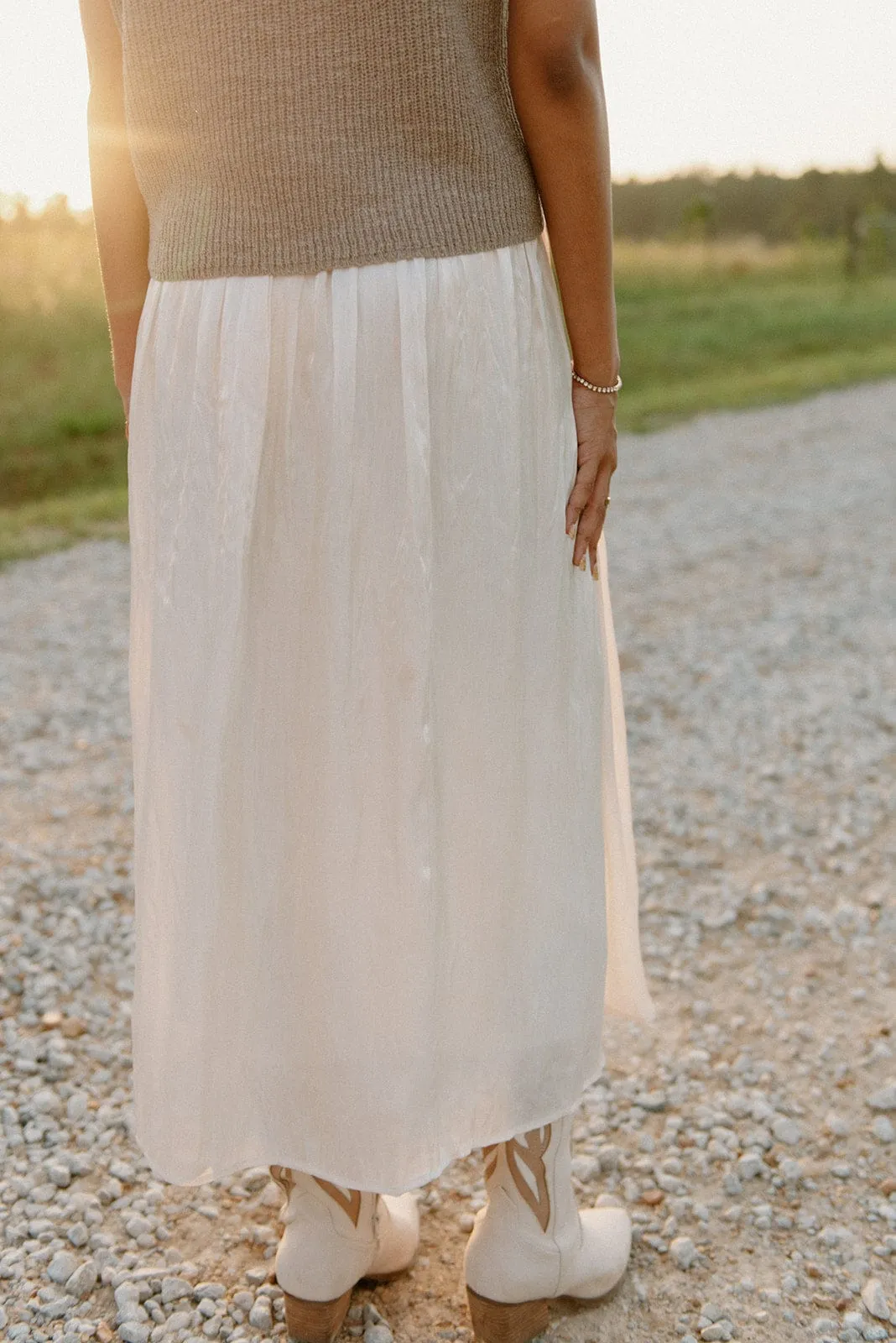 Cream Shimmer Tiered Satin Maxi Skirt