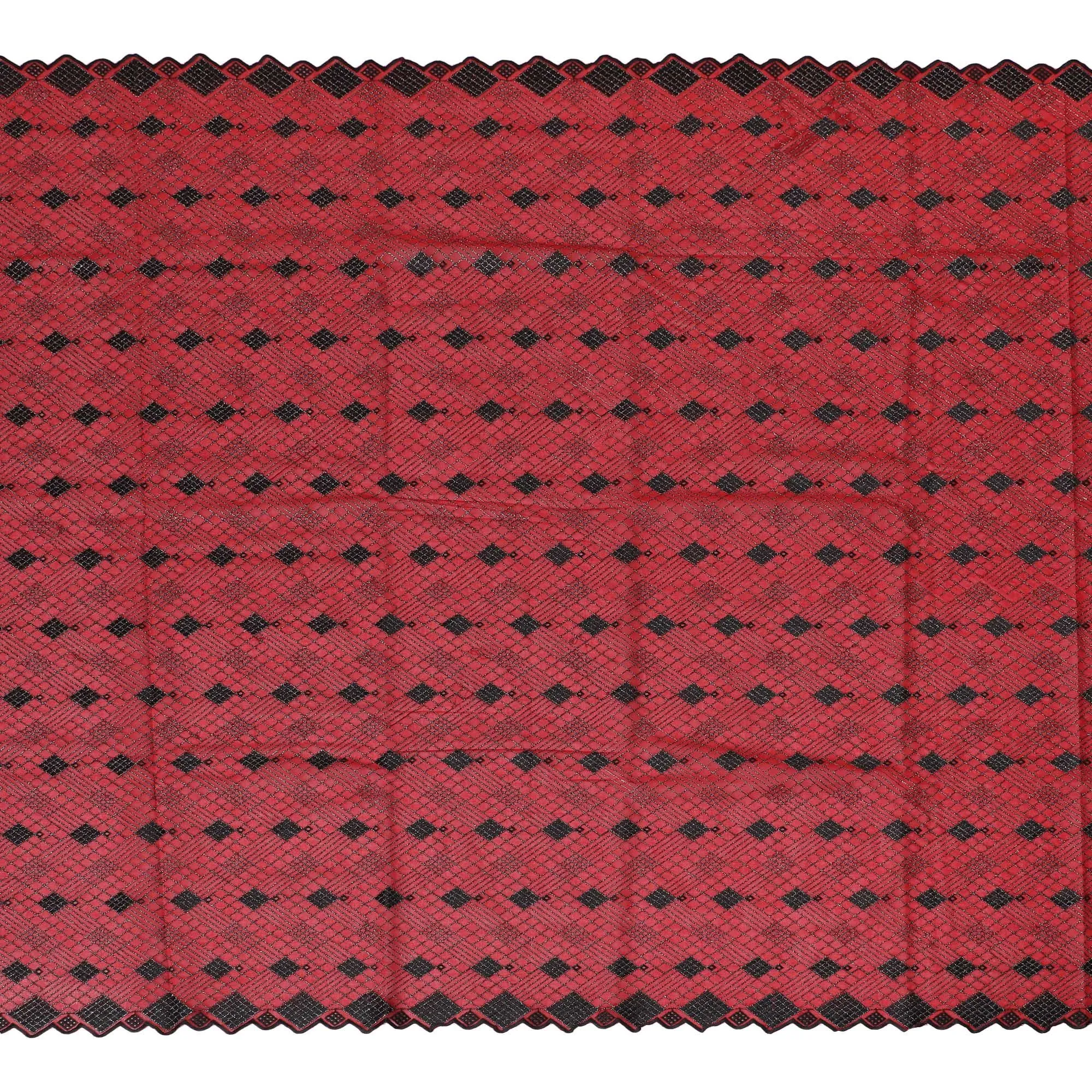 Crimson Charm Cotton Voile with Black Geometric Embroidery for Sudanese Thobe - 140cm x 4.5 Mtrs piece-D18597