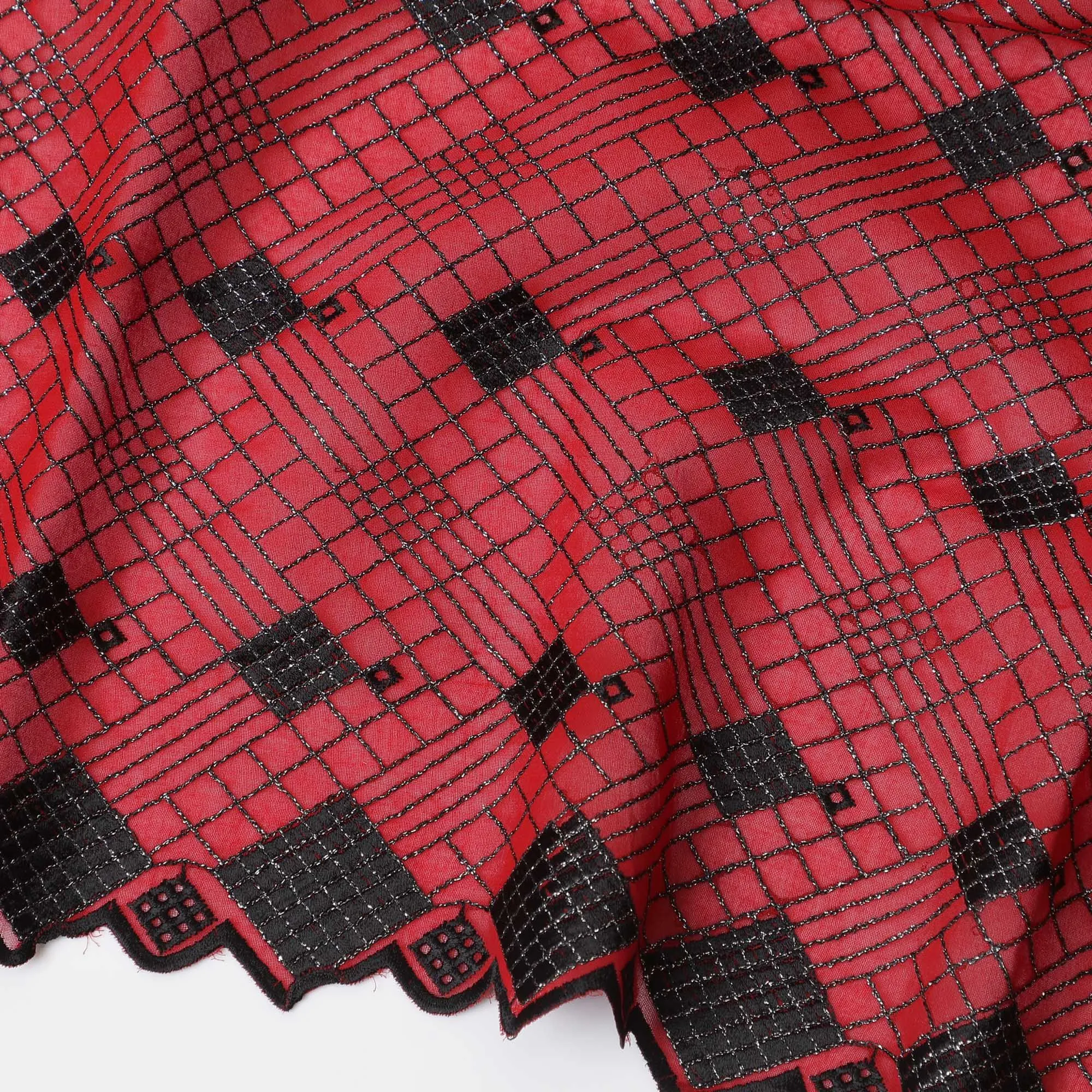 Crimson Charm Cotton Voile with Black Geometric Embroidery for Sudanese Thobe - 140cm x 4.5 Mtrs piece-D18597