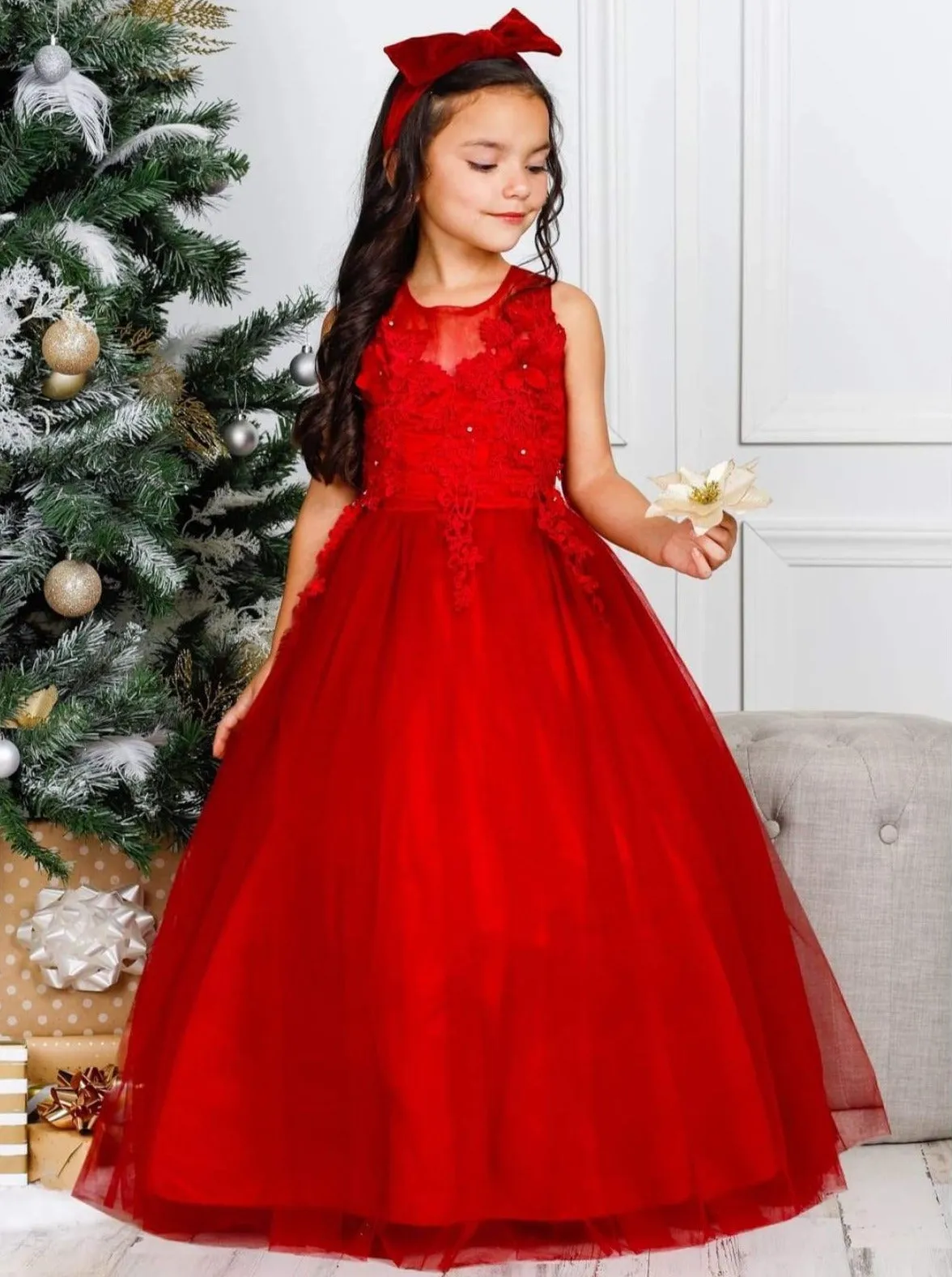 Crimson Chiffon Embroidered Holiday Gown