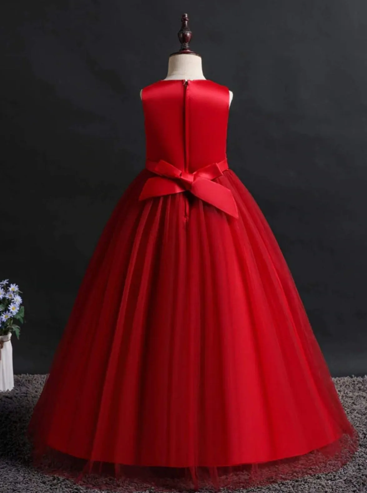 Crimson Chiffon Embroidered Holiday Gown